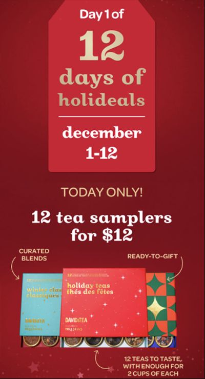 DAVIDsTEA Canada 12 Days of Holideals Day 1: 12 Tea Samplers for Just $12 (Regular $29)