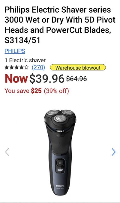 Walmart Canada: Philips Electric Shaver 3000 Series $39.96 (Was $64.96, Save 39%)