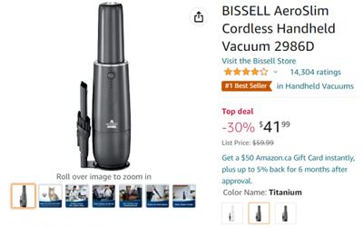 Amazon.ca: Bissell AeroSlim Cordless Handheld Vacuum $41.99 (Regular $59.99, Save 30%)