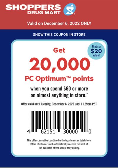 Shoppers Drug Mart Canada Tuesday Text Offer: Get 20,000 PC Optimum Points When You Spend $60 Or More Today Only