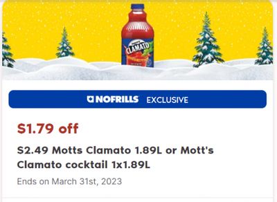 No Frills Canada: 24 Days of Hauliday Yays Offers Day 6: 2/$5 Mott’s Clamato Digital Coupon