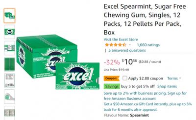 Amazon.ca: Excel Spearmint Sugar Free Chewing Gum 12 Packs $7.68 After Coupon (Was $15.48)