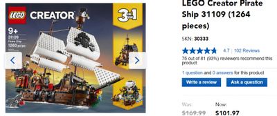 Toys R Us Canada: Lego Creator Pirate Ship $101.97, (Was $169.99)