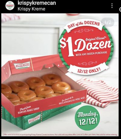 Krispy Kreme Canada: Buy One Dozen Donuts And Get One Original Glazed Dozen for $1 December 12th Only!