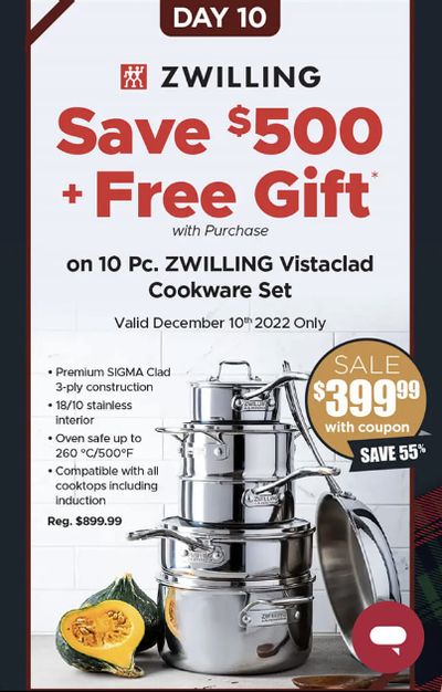 Kitchen Stuff Plus Canada 12 Days of Deals Day 10: Zwilling Vistaclad 10-Pice Cookware Set + Free Gift $399.99 (Save 55%)