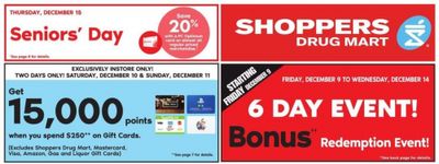Shoppers Drug Mart Canada: Get 15,000 PC Optimum Points When You Spend $250 On Gift Card December 10th & 11th