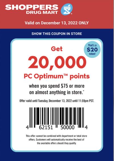 Shoppers Drug Mart Canada Tuesday Text Offer: Get 20,000 PC Optimum Points When You Spend $75 or More Toady Only