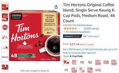 Amazon.ca: Tim Hortons K-Cups 48 Count $28.78 + $15 Tim Hortons Gift Card When You Spend $40