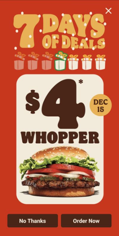 Burger King Canada 7 Days of Deals Day 4: Get A Whopper for $4 December 15th Only