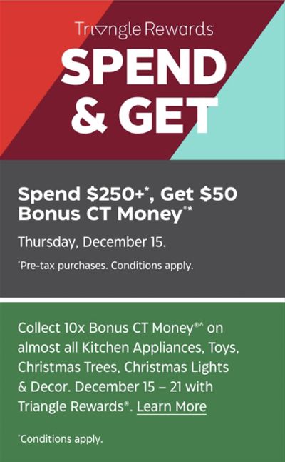 Canadian Tire: Get $50 Bonus CT Money When You Spend $250+ December 15th Only + 10x on Kitchen, Toys, and Christmas Until December 21st