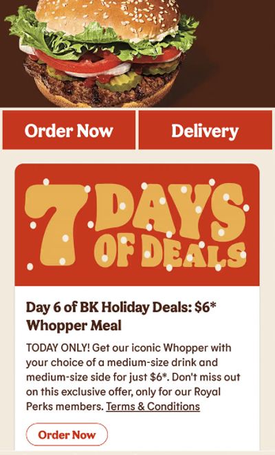 Burger King Canada 7 Days of Deals Day 6: Get A Whopper Meal for $6 December 17th Only