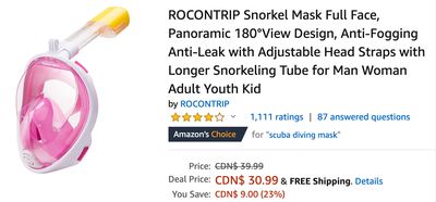 Amazon Canada Deals: Save 23% on ROCONTRIP Snorkel Mask Full Face for $30.99 + 18% on Aspen Pet Traditional Kennel + More Deals