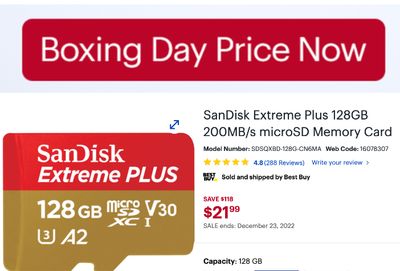 Best But Boxing Day Sale: SAave 84% on SanDisk Extreme Plus 128GB 200MB/s microSD Memory Card