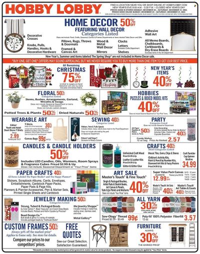 Hobby Lobby Weekly Ad Flyer Specials December 25 to December 31, 2022