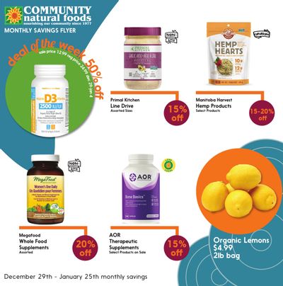 Community Natural Foods Monthly Savings Flyer December 29 to January 25