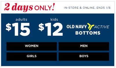 Old Navy Canada 2-Day Sale: Grab $15 Active Bottoms for Adults and $12 Workout Bottoms for Kids + 30% off Your Order Including Clearance