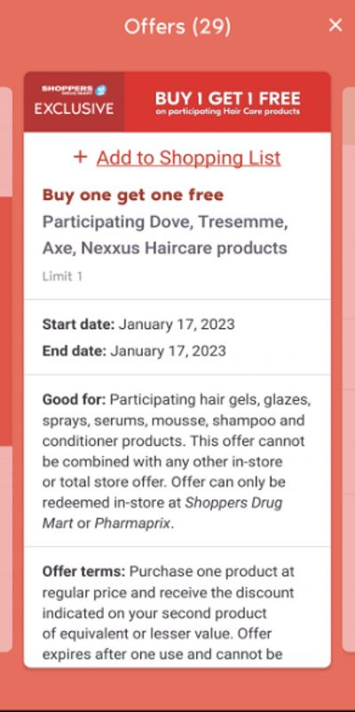 Shoppers Drug Mart Canada Offers: Buy One Get One Free Dove, Tresemme, Axe, or Nexxus Haircare Products Today Only