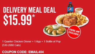 Swiss Chalet Canada Delivery Meal Deals: Get 1 Quarter Chicken Dinner + Appetizer + Pop for $15.99, with Coupon Code