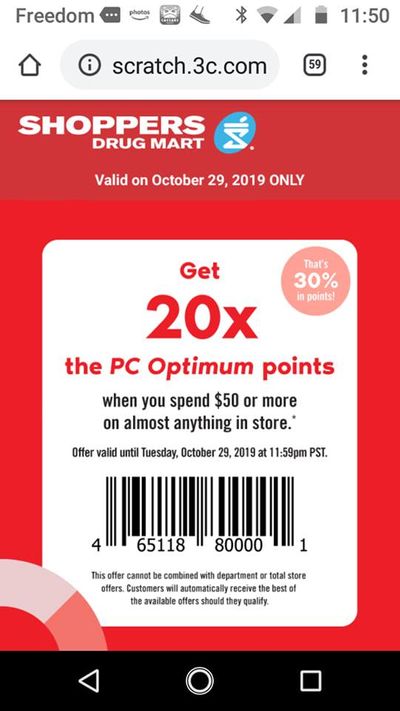 Shoppers Drug Mart Canada Tuesday Text Offer: Get 20x The PC Optimum Point When You Spend $50 Or More