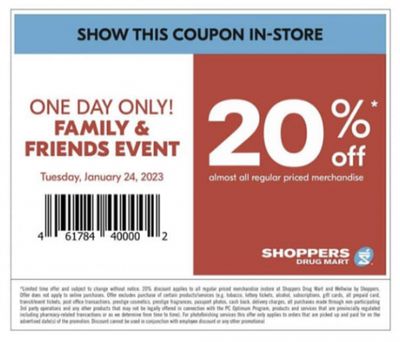 Shoppers Drug Mart Canada Family And Friends Event: Save 20% on Regular Priced Merchandise Tuesday January 24th