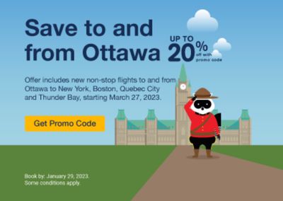 Porter Airlines Canada Save to and from Ottawa: Save up to an Extra 20% with Coupon Code