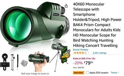 Amazon Canada Deals: Save 40% on Monocular Telescope with Smartphone Holder & Tripod with Coupon + 36% on Endoscope, 5.5mm 1080P HD Digital Borescope Inspection Camera with Coupon