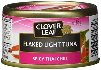 Clover Leaf Flake Light Tuna Spicy Thai Chili - 85g, 24 Count - Canned Tuna - Flavoured Tuna - Skipjack Tuna - High In Protein - 15g Of Protein per 85g Serving - Source Of Iron - Source Of Vitamin D - Canned Light Tuna $23.28 (Reg $42.15)