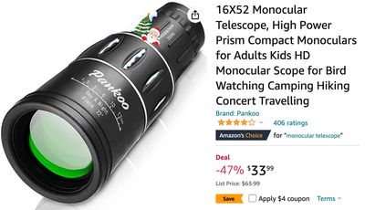 Amazon Canada Deals: Save 53% on Monocular Telescope with Coupon + 44% on Cadbury Mini Eggs Candy Cane