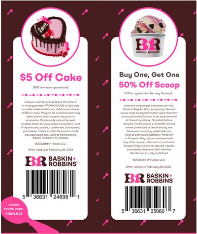 Baskin Robbins Canada New Coupons: BOGO 50% Off Scoops + $5 off Cake