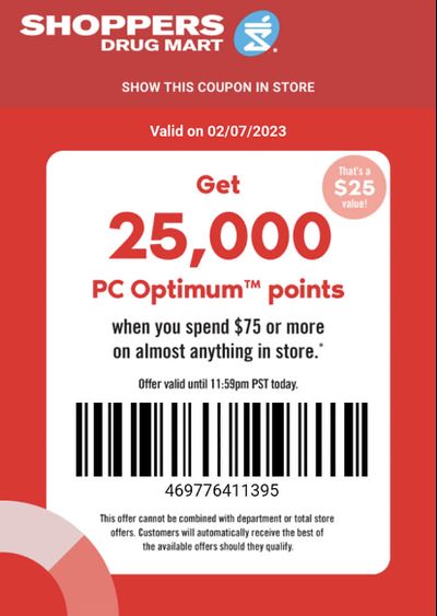 Shoppers Drug Mart Canada Tuesday Text Offer: Get 25,000 PC Optimum Points When You Spend $75 or More