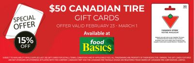 Food Basics Ontario: Get 15% off $50 Canadian Tire Gift Cards Until March 1st