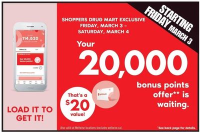 Shoppers Drug Mart Canada Offers: Get 20,000 or 30,000  Bonus Points + 2 Day Sale