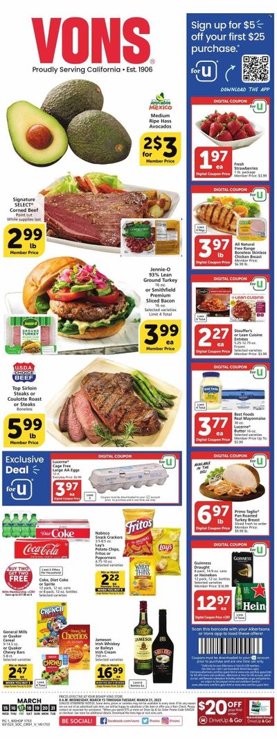 Vons (CA) Weekly Ad Flyer Specials March 15 to March 21, 2023