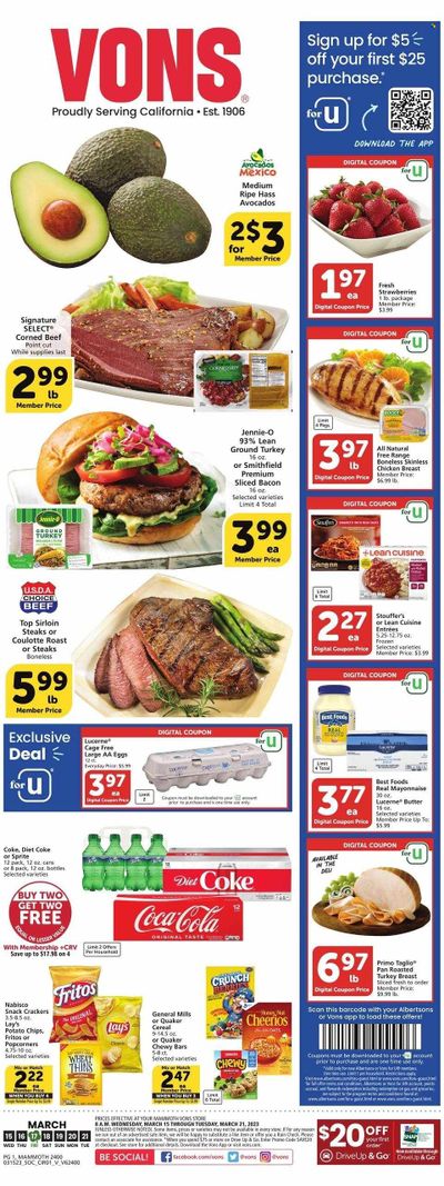 Vons (CA) Weekly Ad Flyer Specials March 15 to March 21, 2023