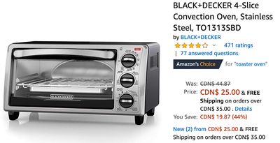 Amazon Canada Deals: Save 44% on BLACK+DECKER 4-Slice Convection Oven, Stainless Steel + Tim Hortons Hot Chocolate Can 500g, for $4.98