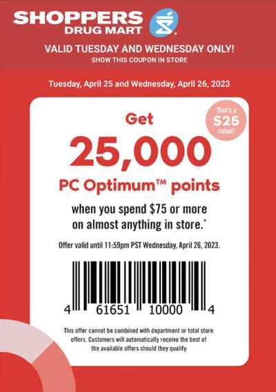 Shoppers Drug Mart Canada Tuesday Text Offer: Get 25,000 PC Optimum Points When You Spend $75 April 25th & 26th