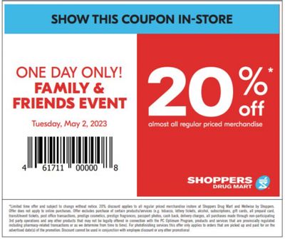 Shoppers Drug Mart Canada Family & Friends Event: Today, Save 20% off All Regular Priced Merchandise, with Coupon