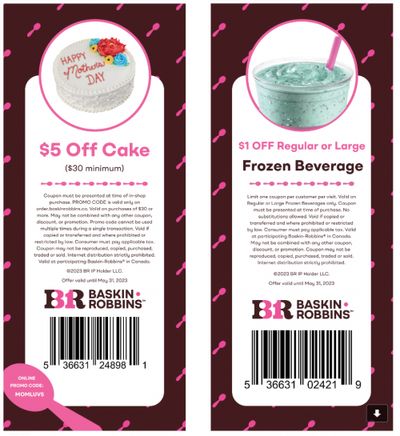 Baskin Robbins Canada New Coupons: $5 off Cake + $1 off Frozen Beverage