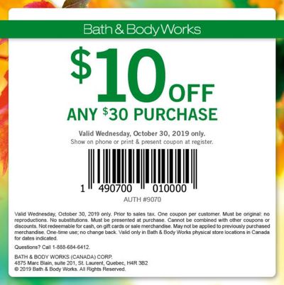 Bath & Body Works Canada Coupons: Save $10 Off Any $30 Purchase with Coupon + More Deals
