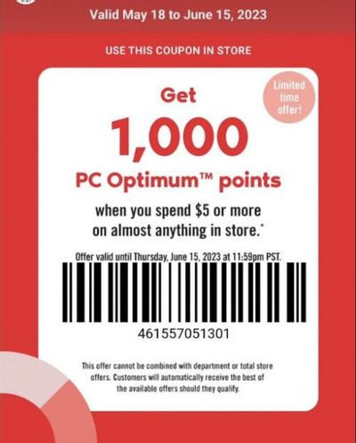 Shoppers Drug Mart Canada: 1,000 PC Optimum Points When You Spend $5 Scannable Offer
