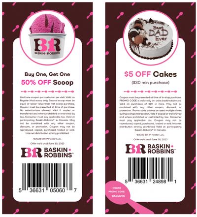 Baskin Robbins Canada New Coupons: BOGO 50% Off Scoops + $5 off Cake