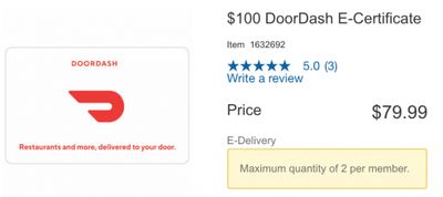 Costco Canada Promotions: $100 DoorDash E-Certificate for $79.99