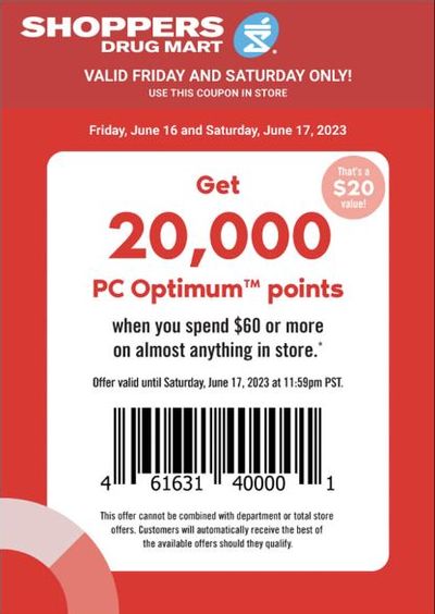 Shoppers Drug Mart Canada Text Offer: Get 20,000 PC Optimum Points When You Spend $60 or More June 16th & 17th