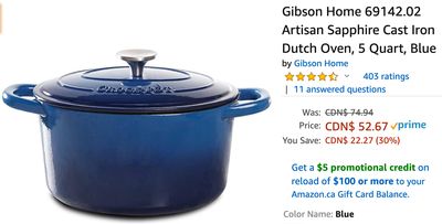 Amazon Canada Deals: Save 30% on Gibson Home Artisan Sapphire Cast Iron Dutch Oven + 17% on Philips Electric Toothbrush + More Offers