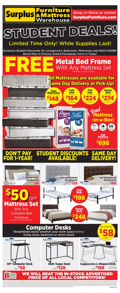 Surplus Furniture & Mattress Warehouse (Regina, Saskatoon, Prince Albert) Student Deals Flyer August 7 to September 3