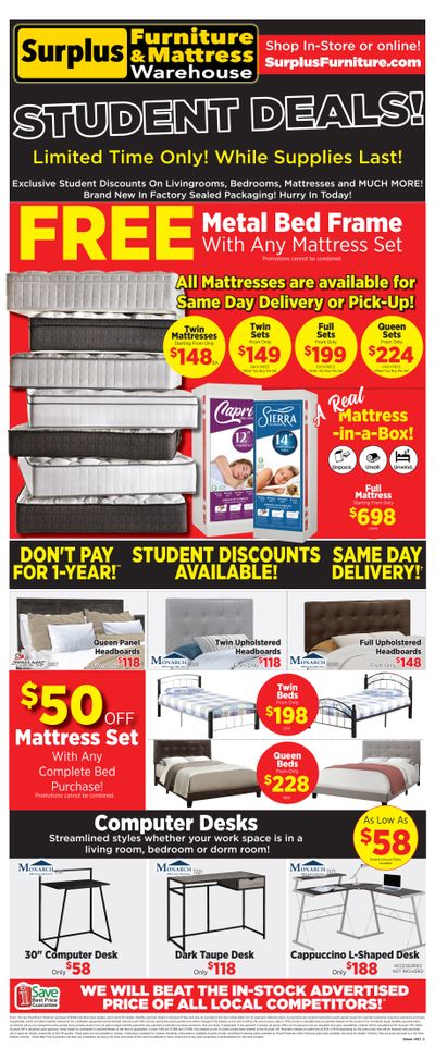 Surplus Furniture & Mattress Warehouse (Brantford, Kitchener, St. Catharines) Student Deals Flyer August 7 to September 3