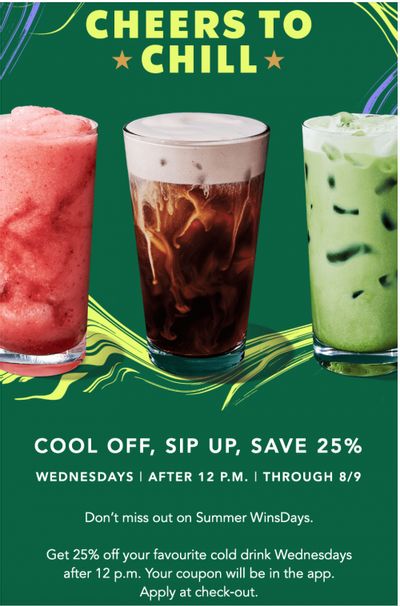 Starbucks Canada Offers: Today, Enjoy 25% off your Favourite Cold Drink Wednesday After 12 p.m.