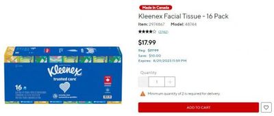 Staples Canada Deals: Save $10.00 off on Kleenex Facial Tissue – 16 Pack, Now for $17.99 (Reg: $27.99) + More