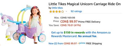 Amazon Canada Deals: Save 41% on Little Tikes Magical Unicorn Carriage Ride On + 26% on Foneso LED Desk Lamp + 51% on Mini Spy Hidden Cameras + More Offers