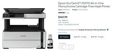 Staples Canada: Epson EcoTank ET-M2170 Inkjet Printer $169.99 (save $260) + Hot Deals